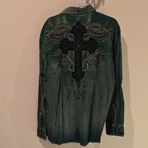 Roar Green Button Down Shirt with Black Embroidery
